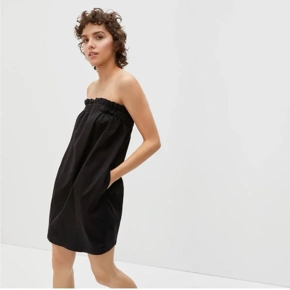 EVERLANE Paper Bag Dress Black Elastic Top Pockets Mini Adjustable Strap Medium - Picture 3 of 8